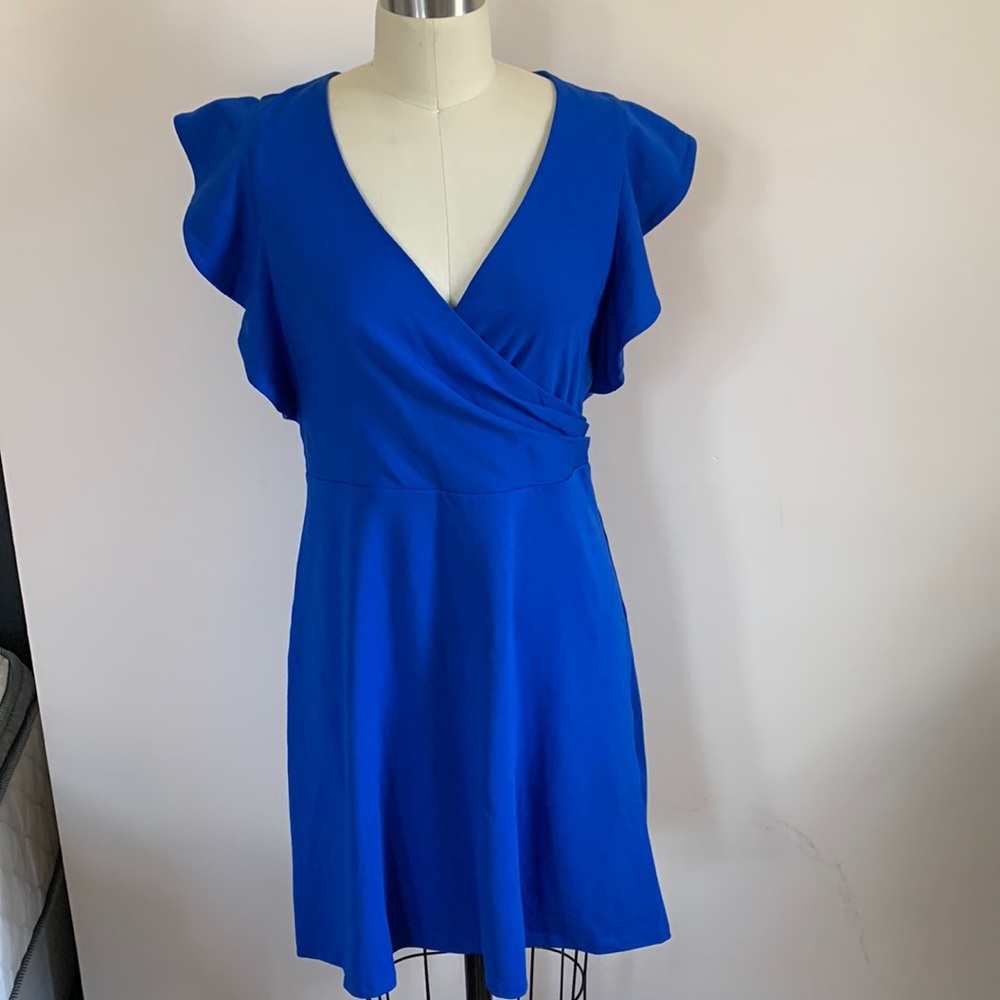 H by Halston cobalt blue wrap dress and flutter sleeve